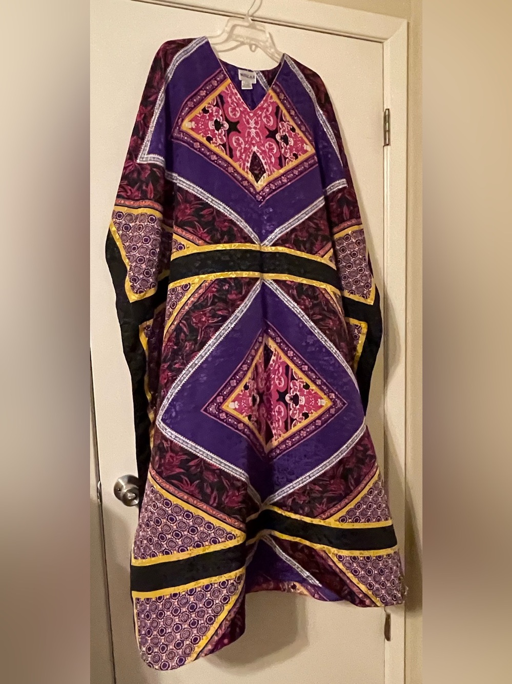 80s Vtg Bohemian Purple & Pink Maxi Caftan/Muumuu with Yellow & Black Accents